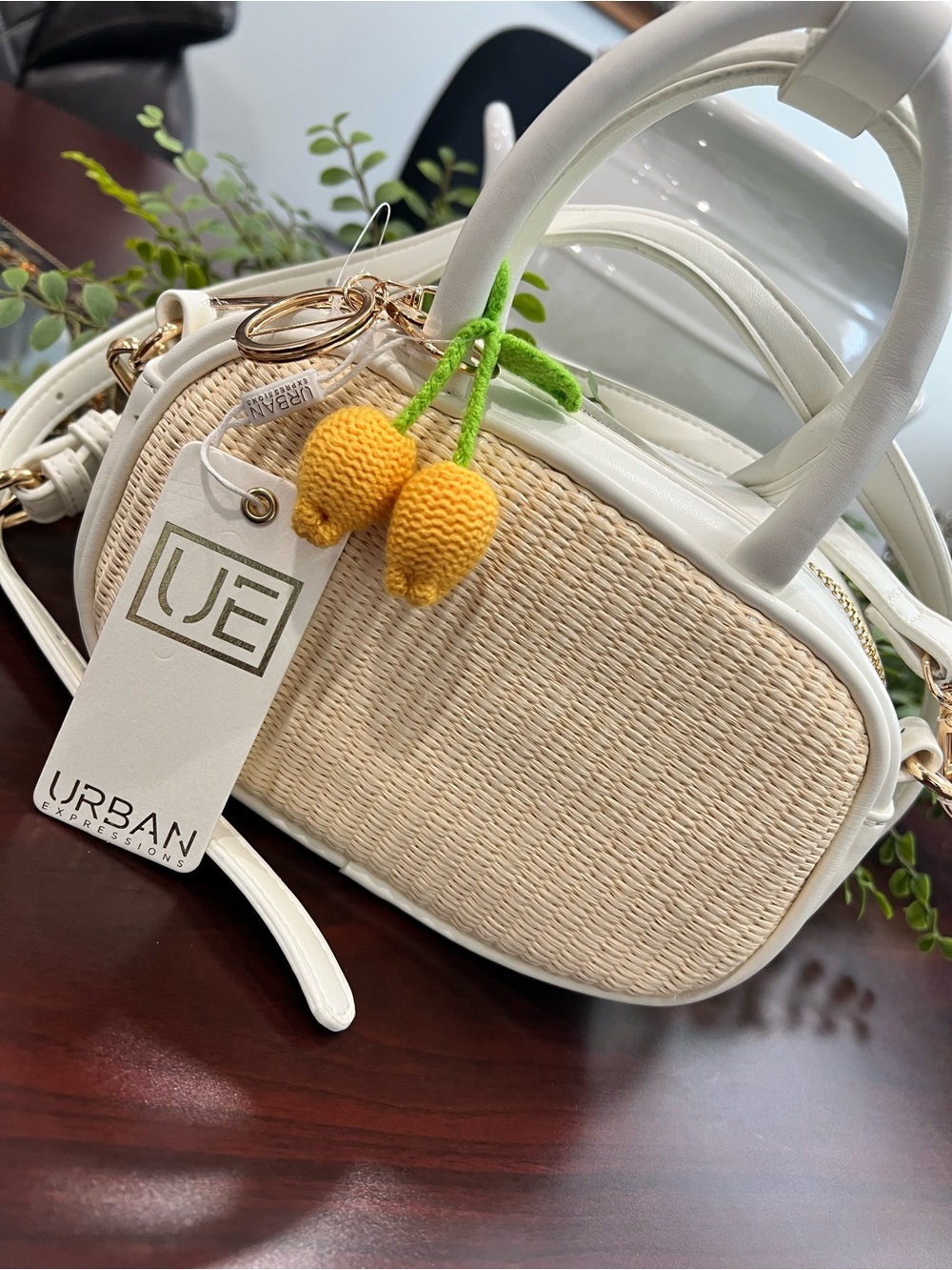 Urban Expressions Cream Woven Mini Crossbody with Yellow Cherry Charm